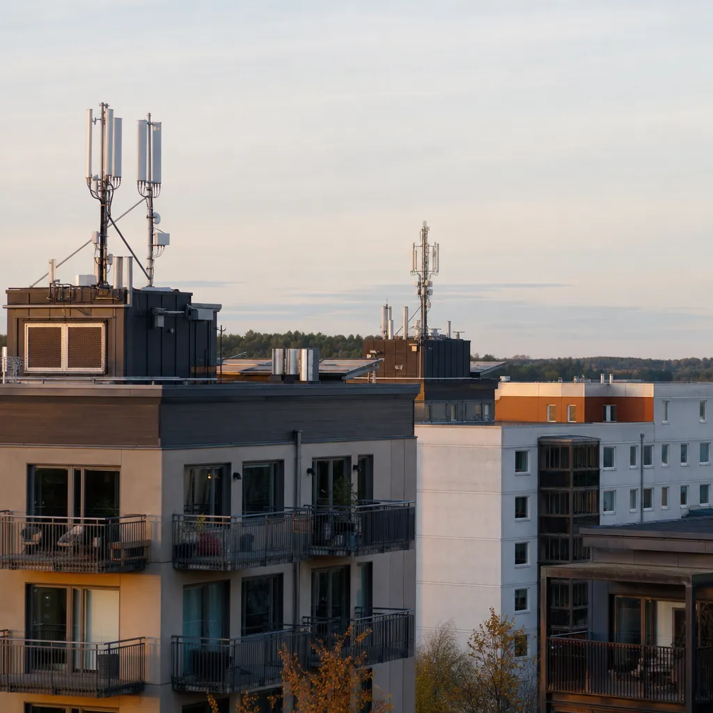 Storstadsmiljö med moderna byggnader och antenner på tak