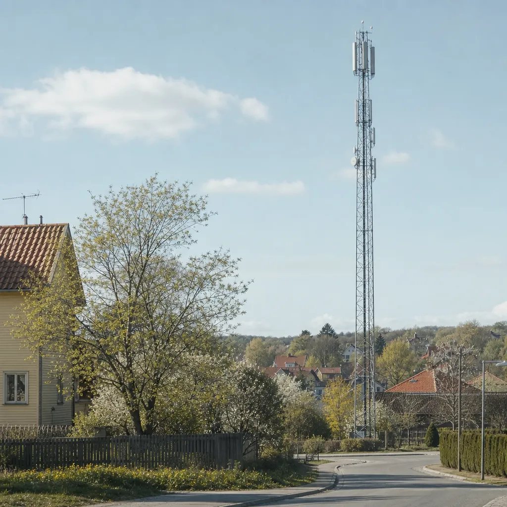 Småstadsmiljö med byggnader och en mobilmast
