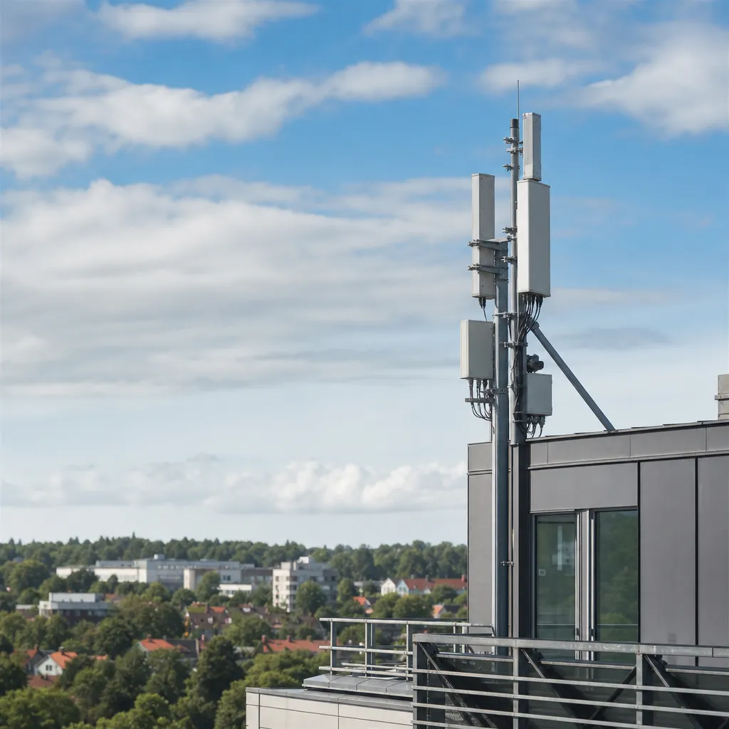 Modern stad med antennfasad mot blå himmel