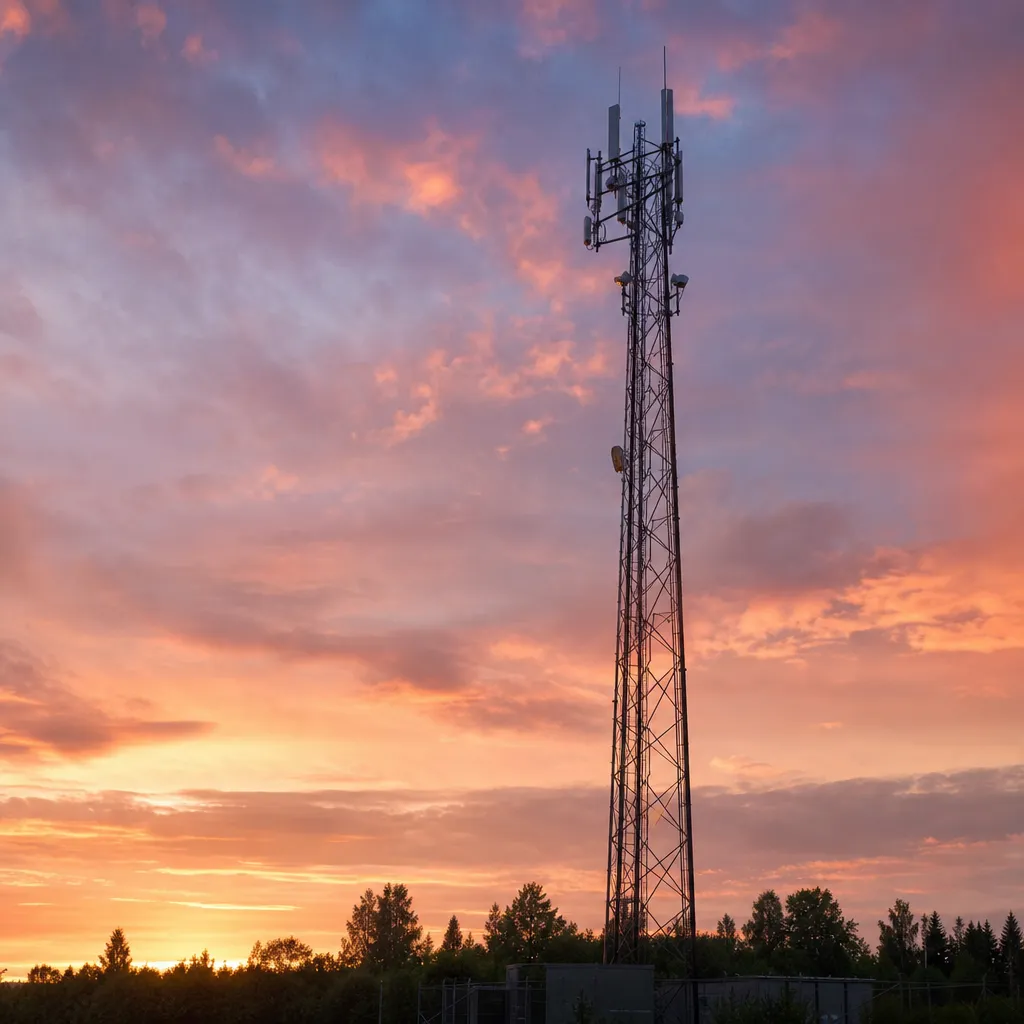 5G-mast i svensk solnedgång — sommarljus över ett mobiltorn